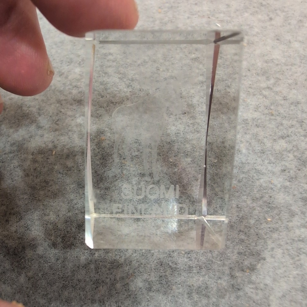 Suomi Finland Etched Moose Glass Paperweight Souvenir Block Clear Decor - Picture 2 of 5